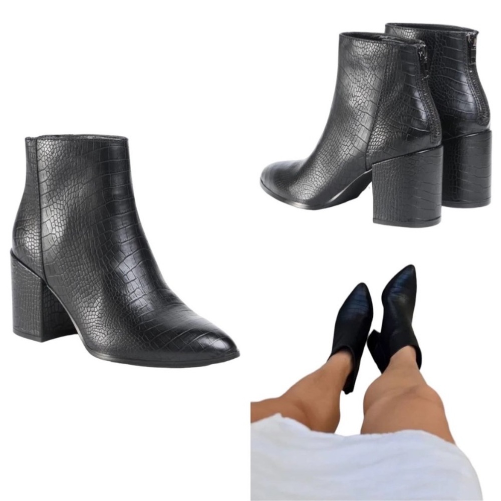Steve Madden Jillian Croc Embossed Black PU Leather Pointy Toe Ankle Boots 9.5